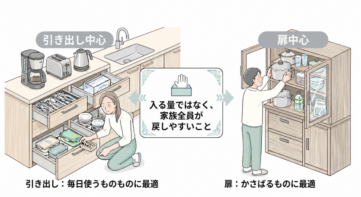 食器棚の引き出し収納と扉収納の違いや使い勝手、戻しやすい選び方を解説する図