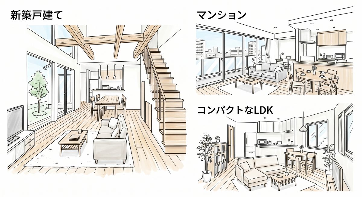 新築戸建て・マンション・コンパクトLDKの住まい別に合わせた食器棚の選び方の解説図