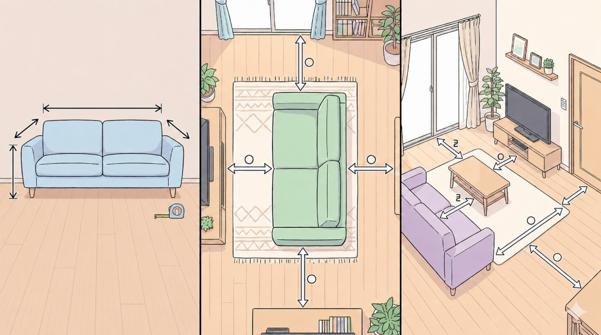 部屋の広さに合わせたソファーサイズ選びで確認すべき通路幅や家具との距離の解説図