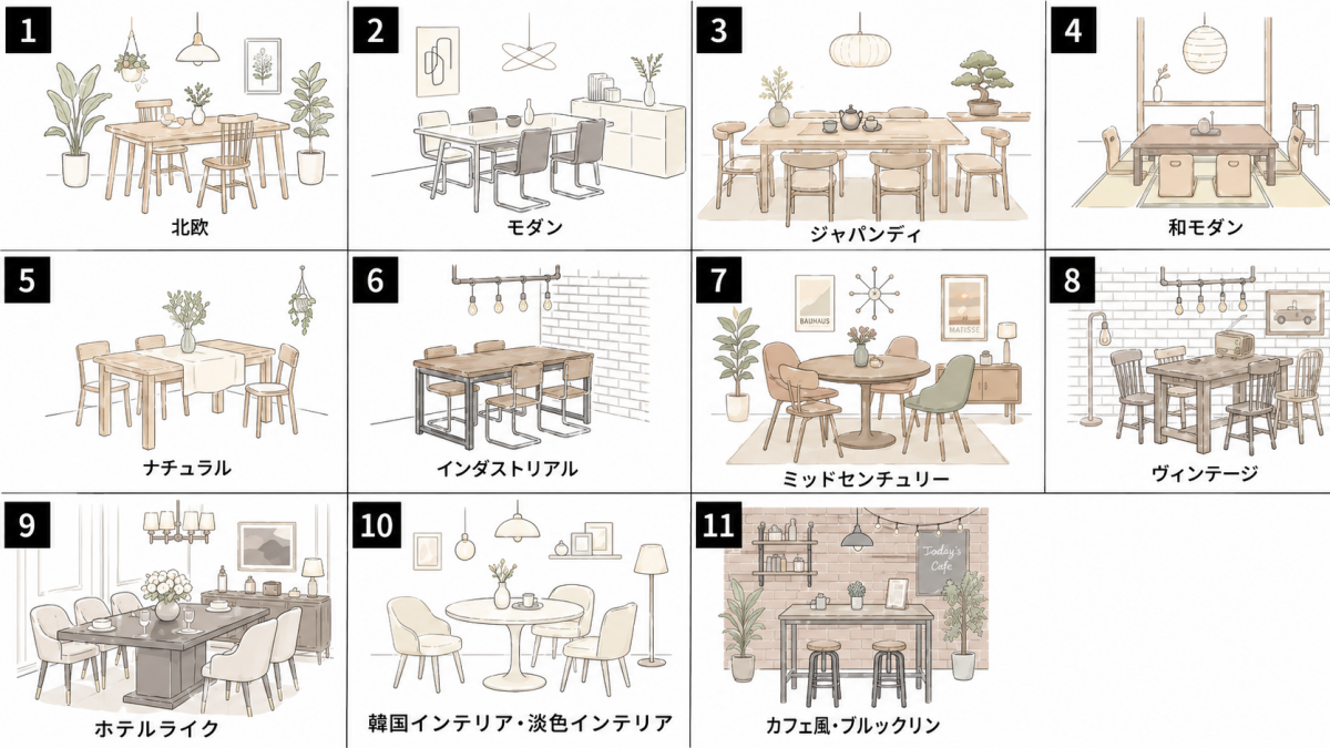 部屋の印象を決めるダイニングテーブルのインテリアテイストやキーワードの比較図