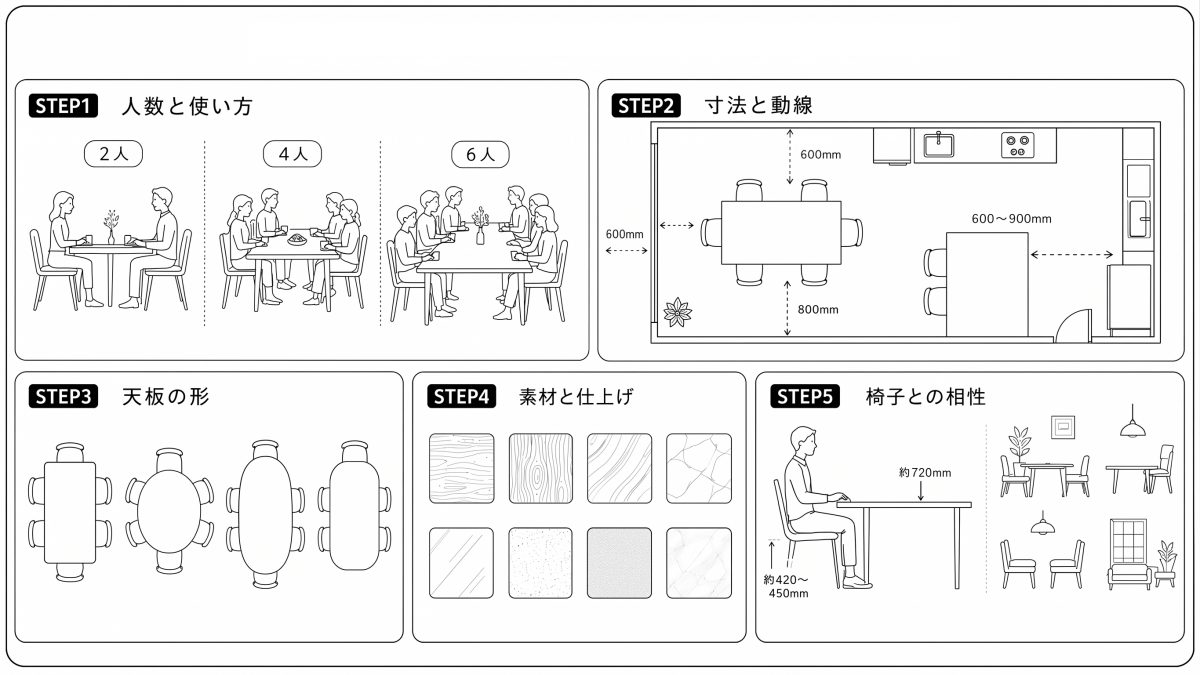 ダイニングテーブルの選び方で後悔しないための重要5ステップを解説するイラスト
