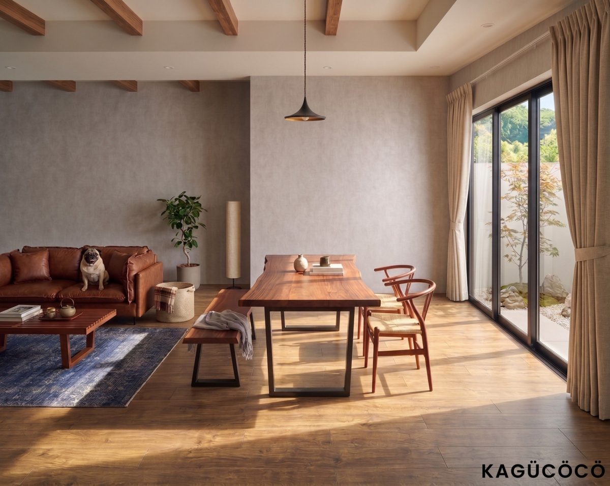 KAGUCOCOの継ぎ継ぎ一枚板風ダイニングテーブル ウォールナット 設置風景