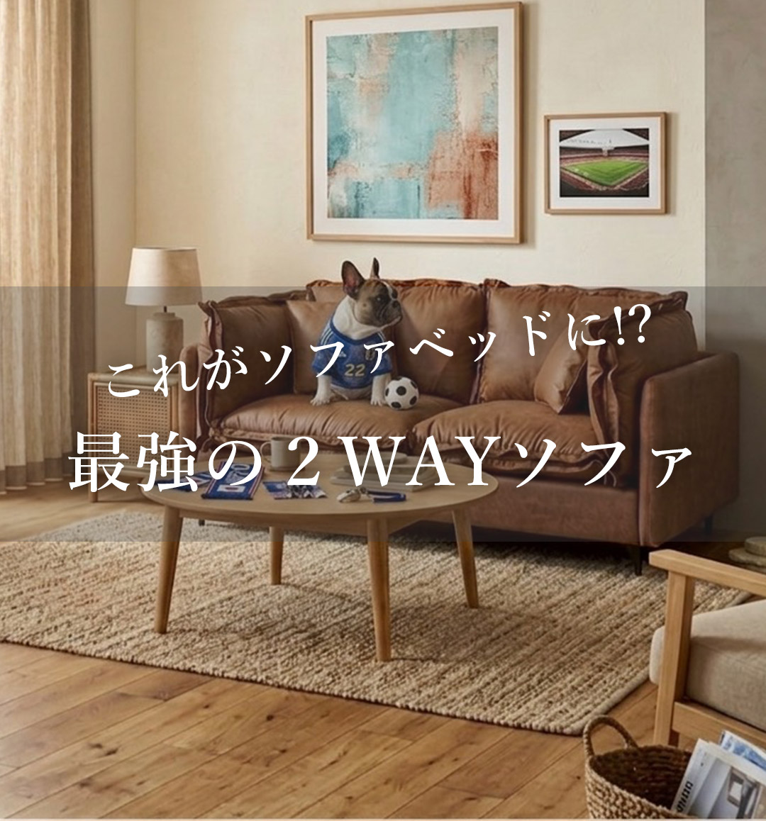 ソファベッドになる2WAYソファ『THE CRASH』と、サッカーユニフォームを着た犬がいるリビング