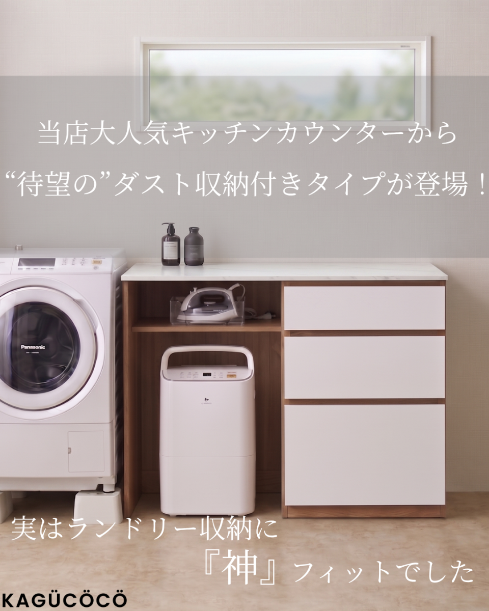 ランドリー収納に活用したダスト収納付きキッチンカウンター。洗濯機横に除湿機を収め、天板をアイロンなどの作業台とするレイアウト例。